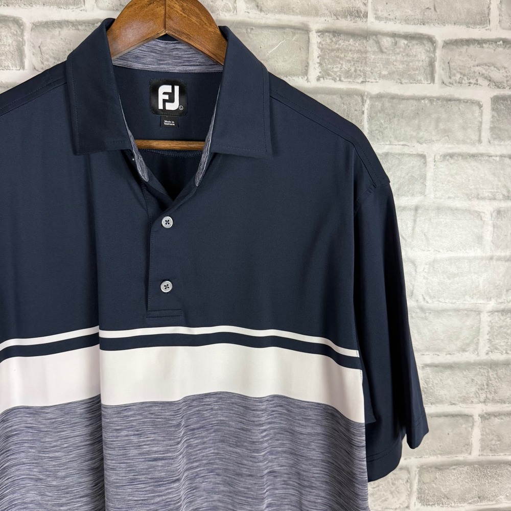 FootJoy Mens Navy Blue White Striped ProDry Golf Polo Shirt Large FJ Logo